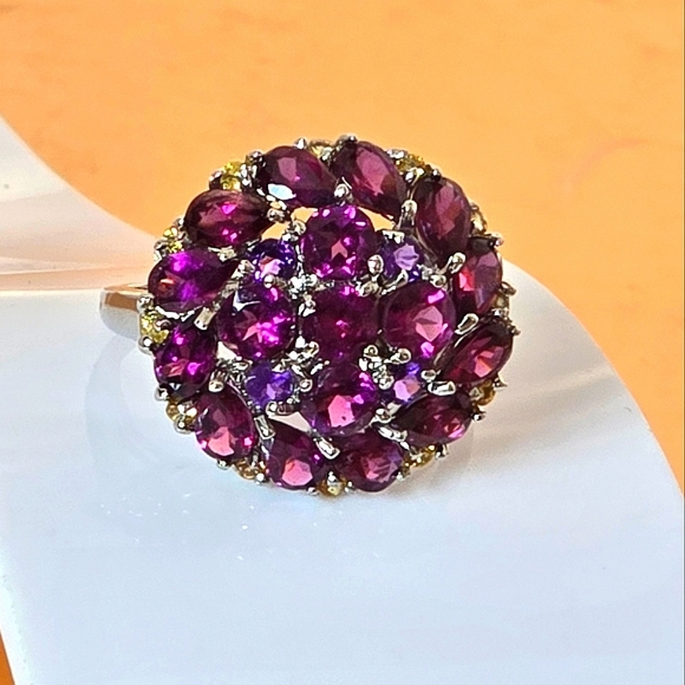 925 Sterling Silver Ring SZ 8 with Natural Rhodolite Garnet, Amethyst, Peridot.